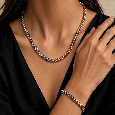 Conjunto Corrente e Pulseira Elo Quadrado Banhado a Ouro e Ródio