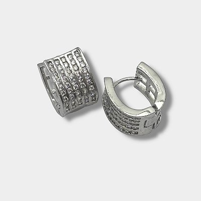 Brinco Argola em Ródio Branco Cravejada Fecho Clic