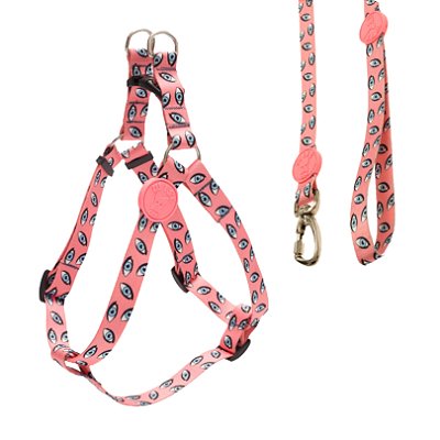 Coleira Peitoral Americano + Guia Tamanho M Rosa Com Estampa - Wise Dog