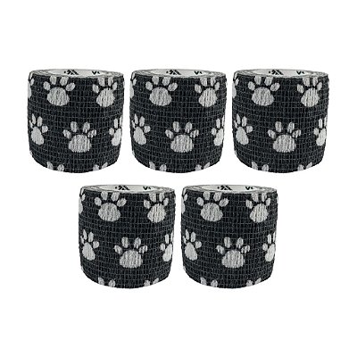 Atadura Elástica Autoaderente Preta Com Patinhas 5 cm x 4,5 mt Kit Com 5 Unidades - Syrvet