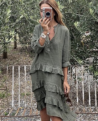 Vestido babados em Linho italiano