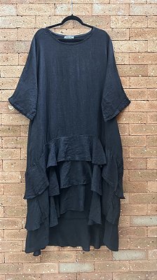 Vestido babados longo linho italiano