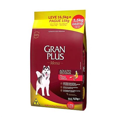 RAÇÃO GRANPLUS 16,5KG PROM CÃES ADULTOS  MÉDIO E GRANDE CARNE E ARROZ