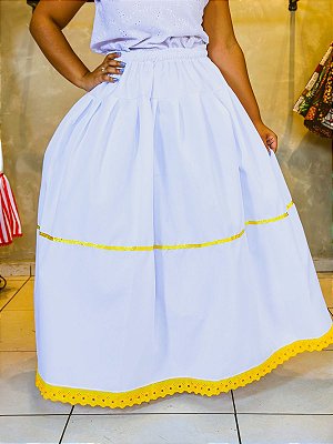 Saia Oxford com bordado amarelo