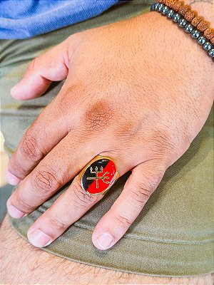 Anel tridente exu e pomba gira  - oval vermelho e preto
