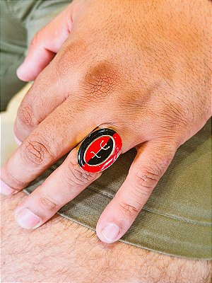 Anel tridente pomba gira  - oval vermelho e preto