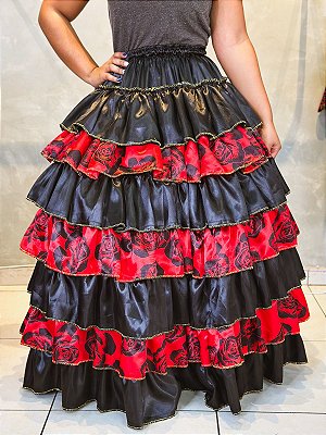 Saia 7 babados preta com vermelho e rosas