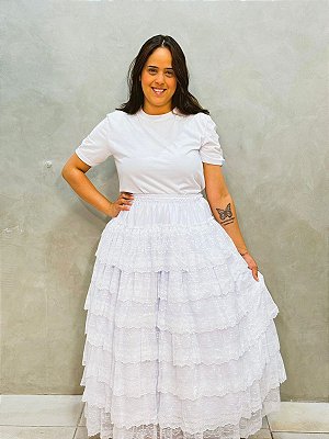 Saia 7 babados de renda branca