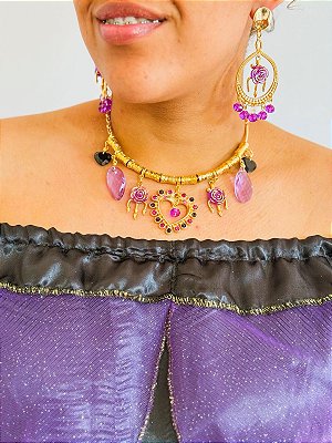 Colar folheado de pomba gira coração roxo