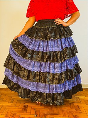 Saia 7 babados com renda preta com roxo