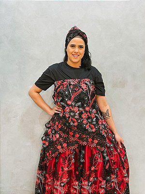 Conjunto de renda c/ bordado rosa vermelha luxo 3 peças