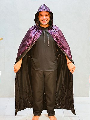 Capa preto com roxo de cetim com capuz