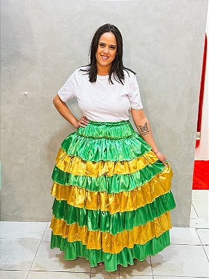 Saia 7 babados verde com dourado