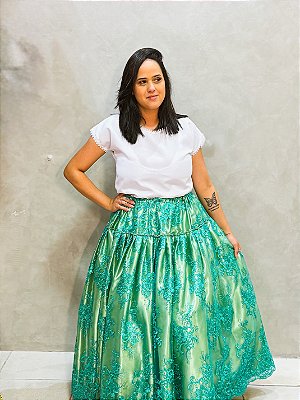 Saia de renda com forro verde luxo