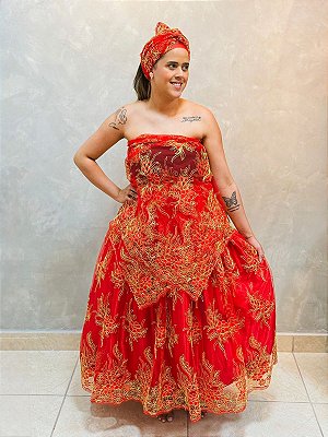 Conjunto bordado vermelho com dourado luxo 3 peças