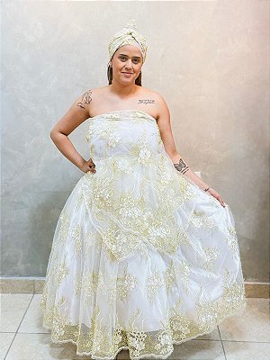 Conjunto bordado branco com dourado luxo 3 peças