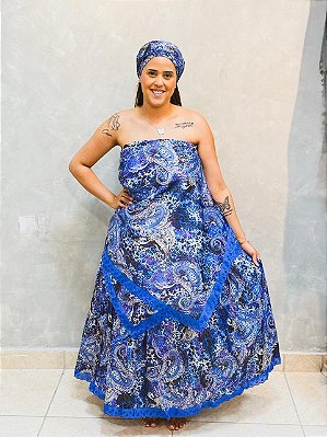 Conjunto Baiana florido 3 peças - azul escuro