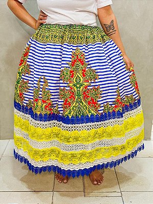 Saia luxo ankara azul e amarelo com renda Guipir