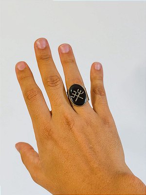 Anel Laroyê Exu e Pombo gira - oval Preto