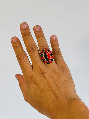 Anel Garfo Pombo gira com strass - oval Vermelho e Preto