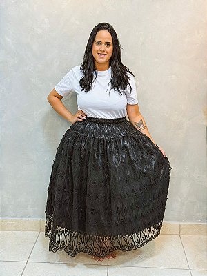 Saia luxo Tule Bordado preta folhagem - Edição Limitada