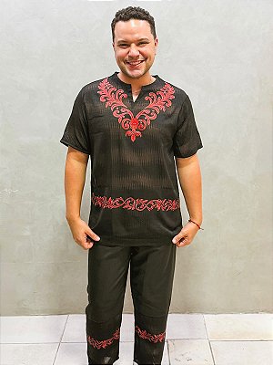 Conjunto Masculino Jacquard devorê Preto com Vermelho