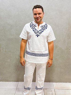 Conjunto Masculino Zibeline branco e estampa Azul