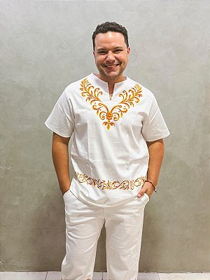 Conjunto Masculino Zibeline branco e estampa Dourado