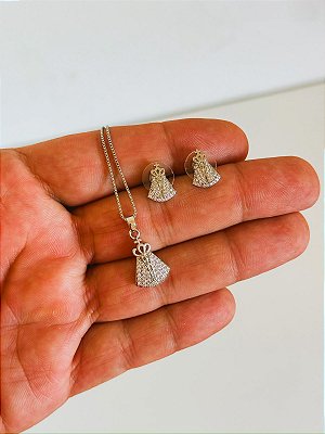 Conjunto Colar e Brincos N. Senhora Aparecida Prata com Zircônias