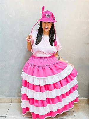 Saia 7 babados Erê Menina - Rosa e Branca