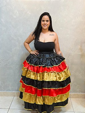 Saia 7 babados Tricolor - Dourado, vermelho e Preto