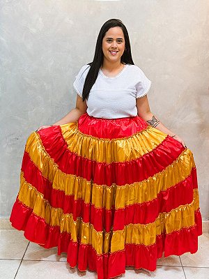 Saia 7 babados Vermelho e dourado com 12m de roda