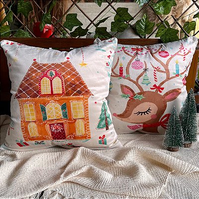 Capa para almofada "Natalina " estampada de veludo ( 45x45 ) KIT 2