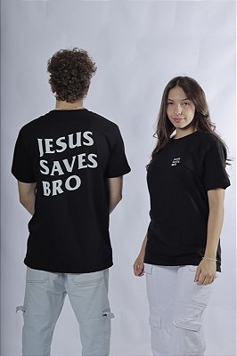 T-SHIRT JESUS SAVES BRO PRETA UNISSEX TRADICIONAL PREMIUM