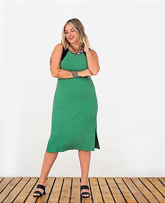 Vestido verde oliva malha canelada - Tamanho 46