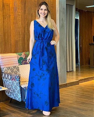 Vestido longo azul estampado tecido seda -tamanho 42