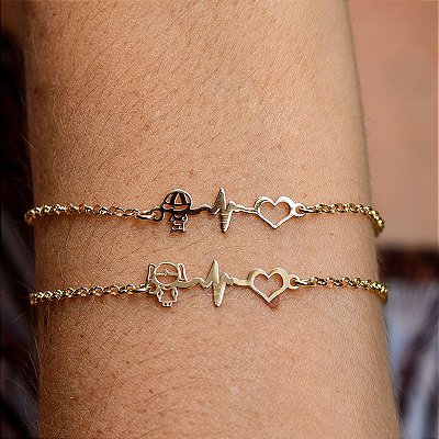 PULSEIRA EM OURO BATIMENTOS CARDÍACOS E CORAÇÃO MENINO