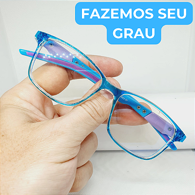 Óculos Armação infantil para grau retangular azul resistente modelo CV09