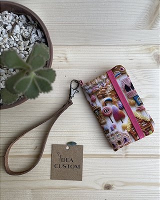 MINI CARTEIRA CHAVEIRO - BORDADOS ROSA