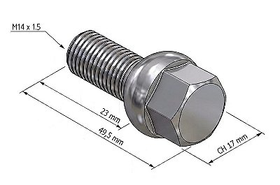 PARAFUSO RODA PF M14 X 1,5 X 23 CH17 CROMADO - ESFERICO