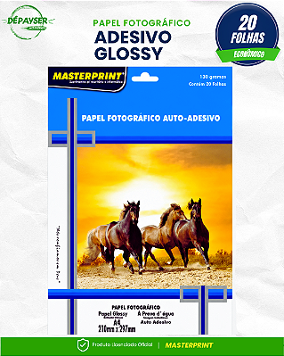 Papel Fotográfico Adesivo Glossy Brilhante A4 130g 20 Folhas Masterprint Premium para Impressora Jato de Tinta