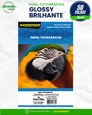 Papel Fotográfico Glossy Brilhante A4 180g Sem Adesivo – 50 Folhas Masterprint Premium para Jato de Tinta