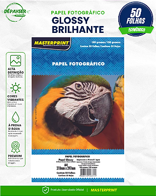 asterprint PrPapel Fotográfico Glossy Brilhante Sem Adesivo A4 180g Memium 50 Folhas para Jato de Tinta