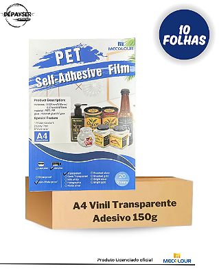 Filme Adesivo Vinil Inkjet A4 150g Transparente - 10 Folhas Mecolour