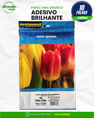 Papel Vinil Adesivo Branco Glossy A4 135g – 10 Folhas Masterprint à Prova d’Água
