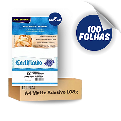 Papel Foto Matte Adesivo A4 108g - 100 Folhas Masterprint À Prova D'água