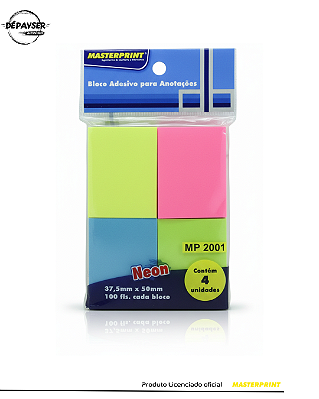 Bloco Adesivo Masterprint 37,5x50 C/4x100 Folhas Neon Mp2001