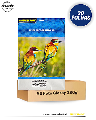 Papel Fotográfico Glossy A3 230g Branco Brilhante Masterprint 20 Folhas