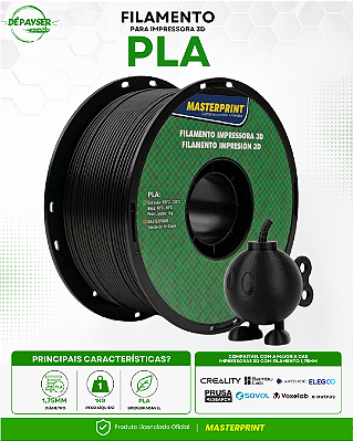 Filamento PLA Preto 1,75mm 1kg Masterprint para Impressora 3D