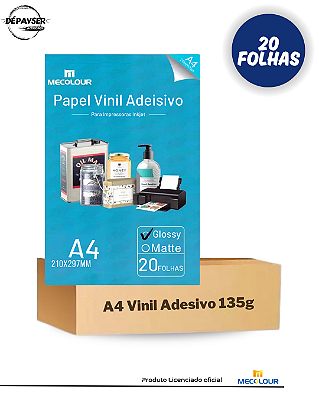 Papel Vinil Adesivo Branco Glossy A4 135g – 20 Folhas Mecolour à Prova d’Água